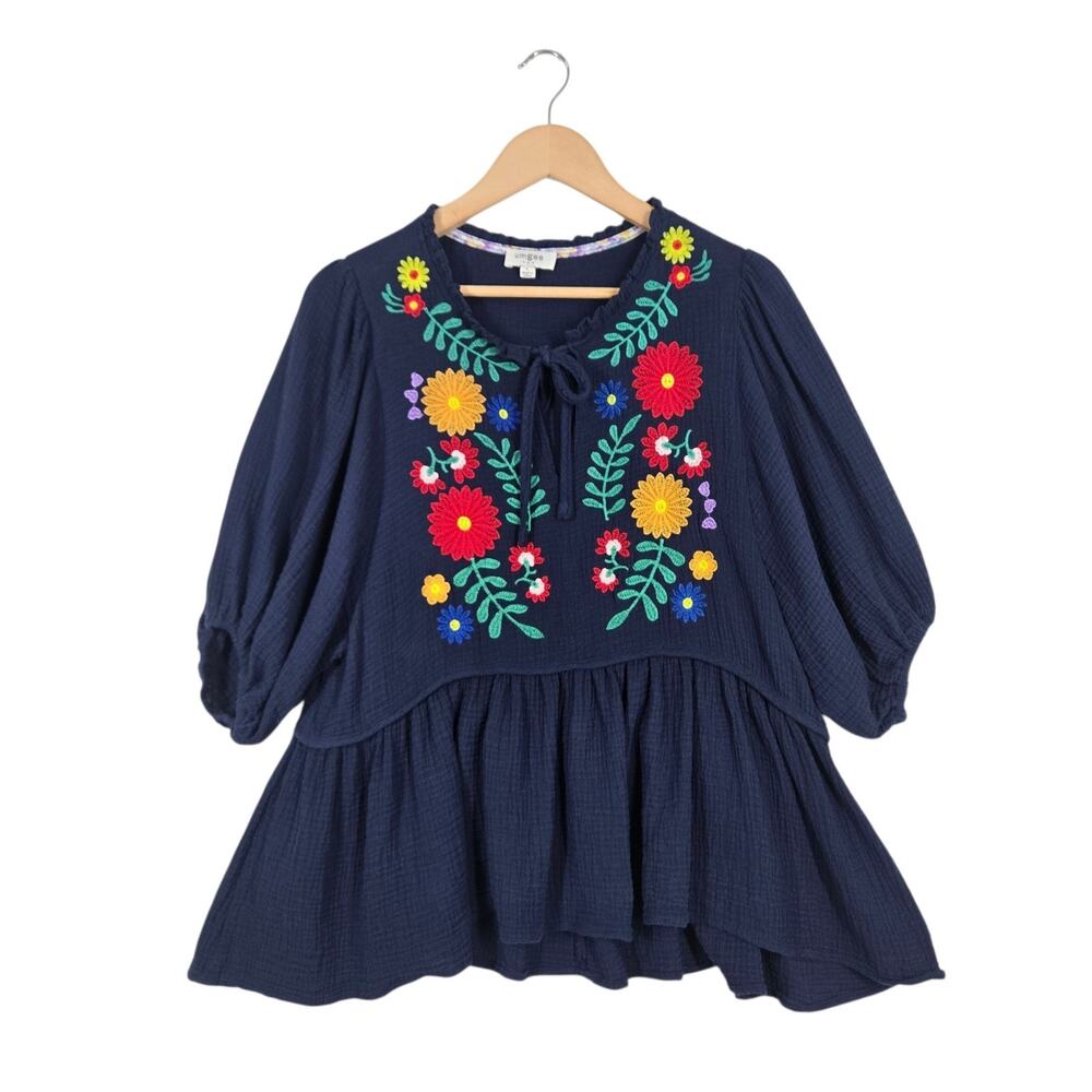 Umgee Embroidered Babydoll Top L Blue Floral Double Gauze Cotton Cottagecore